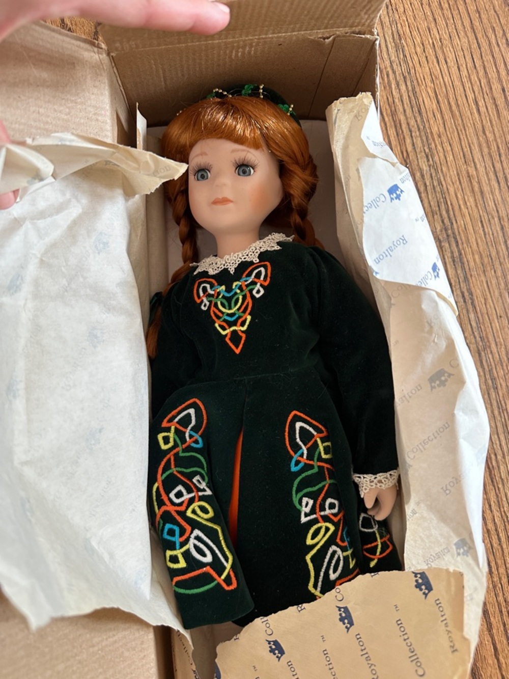 Royalton Collection Porcelain Doll Green Velvet Irish-Style Doll with Red Hair